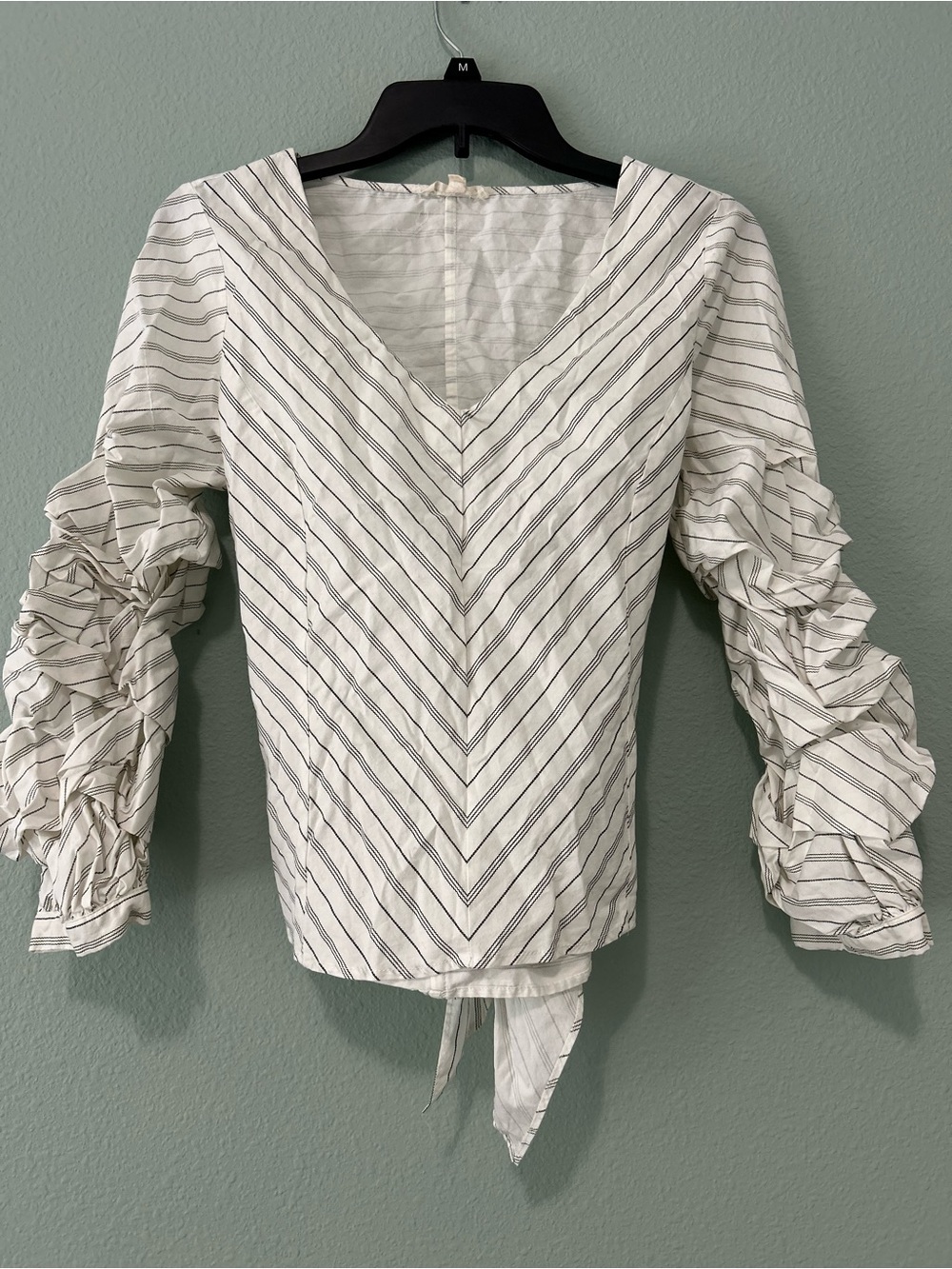 Jane and Delancey White Blouse with Black Stripes and Ruched Bishop Sleeves